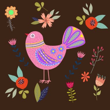 Güzel soyut halk kuş ve sanat renkli illüstrasyon 