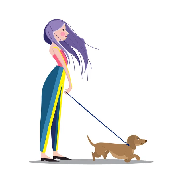 Mädchen, das mit ihrem Hund spazieren geht, Zeichentrickvektorillustration — Stockvektor