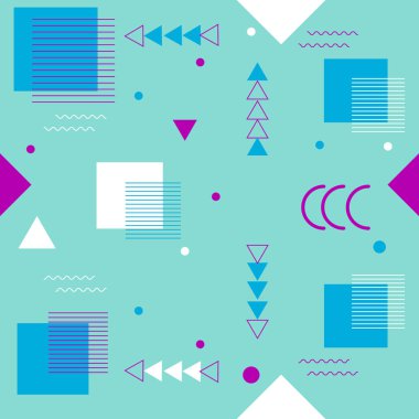 Trendy geometrik elemanları memphis kartları, dikişsiz desen. Retro