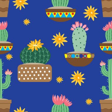 Süslerle seramik kaplarda kaktüs çiçekleri. Parlak kaktüsler, alo