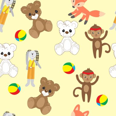 Ayı, tavşan, tilki ve maymun oyuncakları. Renkli sorunsuz arka plan