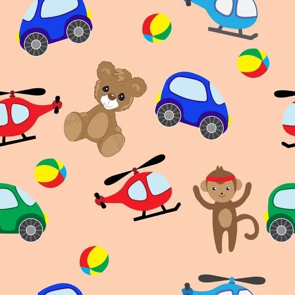 Giocattoli di orso, macchina, elicottero e scimmia. Colorato bac senza soluzione di continuità — Vettoriale Stock