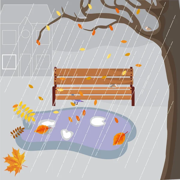 Ilustración vectorial de lluvia fría de otoño, sombrío, banco húmedo, oculto — Vector de stock