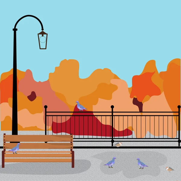 Banc de lampadaire paysage automne et pigeons, treillis dans le parc — Image vectorielle