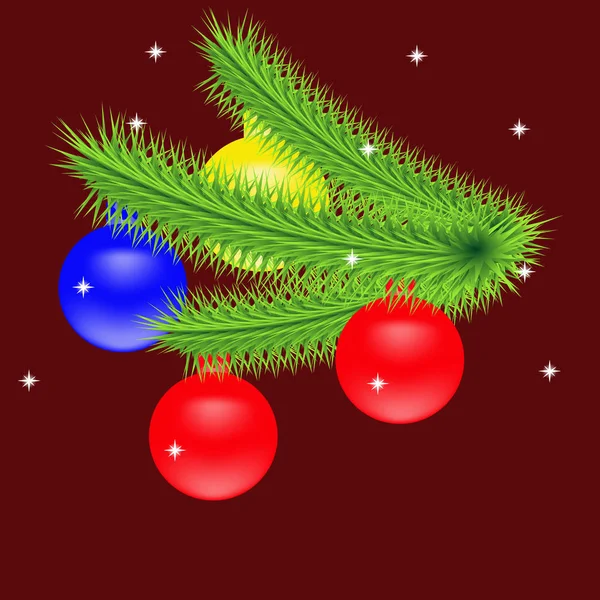 Рождественская открытка с еловой веткой, красивые, яркие шары — стоковый вектор