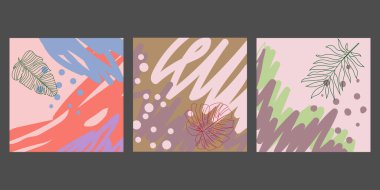 Sanatsal renkli tropik evrensel kartlar seti. Düğün, yıldönümü, doğum günü, tatil, parti. Poster, kart, davetiye tasarımı. Vektör illüstrasyonu