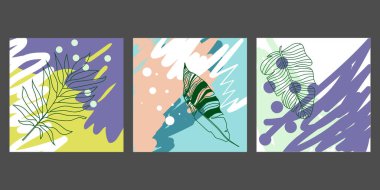 Sanatsal renkli tropik evrensel kartlar seti. Düğün, yıldönümü, doğum günü, tatil, parti. Poster, kart, davetiye tasarımı. Vektör illüstrasyonu