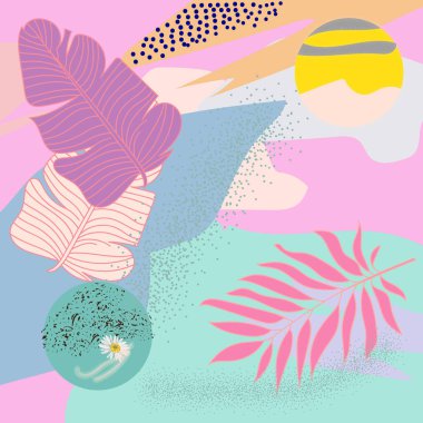 Soyut sanatsal renkli tropikal evrensel kart. Düğün, yıldönümü, doğum günü, tatil, parti. Posterler, kartpostallar, davetiyeler için tasarım. Vektör illüstrasyonu