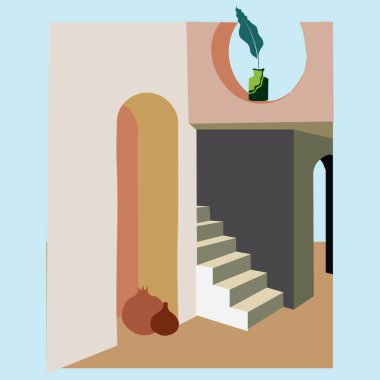 Akdeniz yapısı, konut, ev. Mimarlık ve iç tasarım unsurları. Güney manzarası. Düz vektör illüstrasyonu