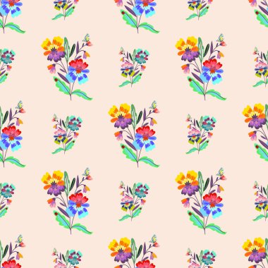 Kusursuz desenli, parlak yaz çiçeği buketli narin bir arka planda,
