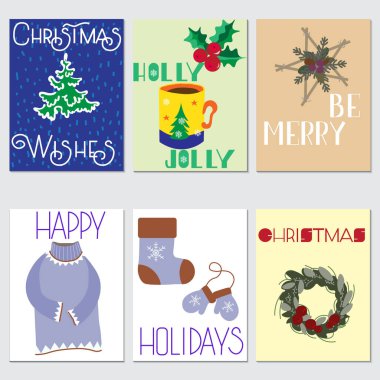 Noel için el yazması kartlar, festival temalı, vektör illüstrasyonlu.