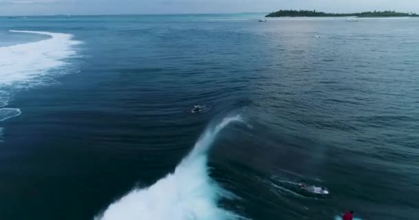 Tracking shot over surfers catching waves or surf on surfing at wild tropical ocean blue water. practicing and having fun as extreme action sport — Stock Video