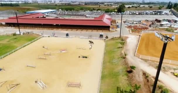Widok z lotu ptaka nad dużym ranczem lub stadniną koni na wsi. Ogromny widok na stodołę dla zwierząt gospodarskich na obrzeżach. zachodnia koncepcja rynku nieruchomości dronów — Wideo stockowe