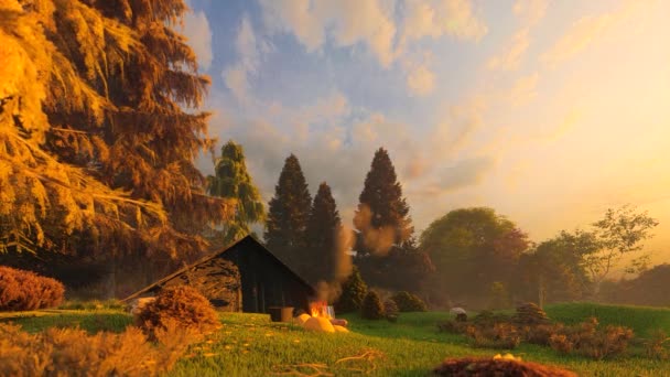 素敵な秋の日にキャンプ メイプル色の自然でキャンプを楽しむ 立ち上がりのたき火からの煙とテントの雰囲気が良いです 固定カメラビューとリアルな雰囲気の3Dアニメーション — ストック動画