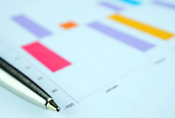 Trading chart and pen on a sheet of paper. Stock quotes in the form of a graph. Business project on paper. Profitable shares. Profit from financial activities. Risky business.