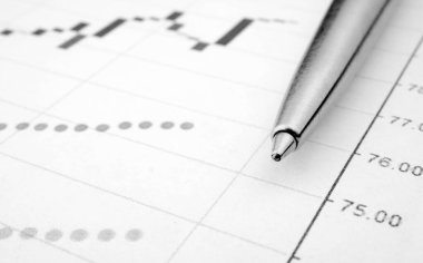 Kağıt üzerinde ticaret çizelgesi ve kalem. Grafik şeklinde hisse senedi alıntıları. Kağıt üzerinde iş projesi. Kârlı hisseler. Finansal faaliyetlerden kazanç. Riskli iş.
