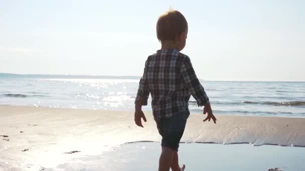 スローモーションの子はビーチで海に近づいています 子供が海岸線に向かってると確信してる 晴れた日に大きな湖の近くに屋外を歩くスタイリッシュな幼児 — ストック動画