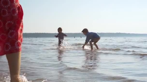 Szczęśliwi Borthers Bawią Się Plaży Pluskając Wodą Zwolnionym Tempie Śmiejące — Wideo stockowe