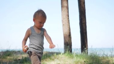 Sahil Ormanında Yürüyen Akıllı Çocuk Yavaş Hareketi 'ne odaklanmış. Güneşli ve sıcak bir gün. Keşif kavramı, vahşilik, yeni hayat, keşif, doğa, saflık, erkek olmak, öz eğitim. 