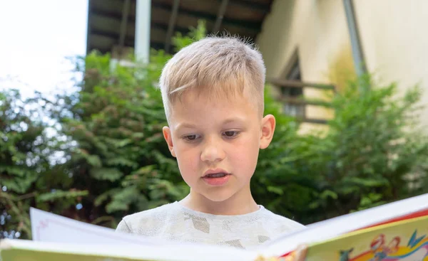Authentique Intelligent Beau Garçon Apprenant Lire Livre Beau Enfant Génial — Photo