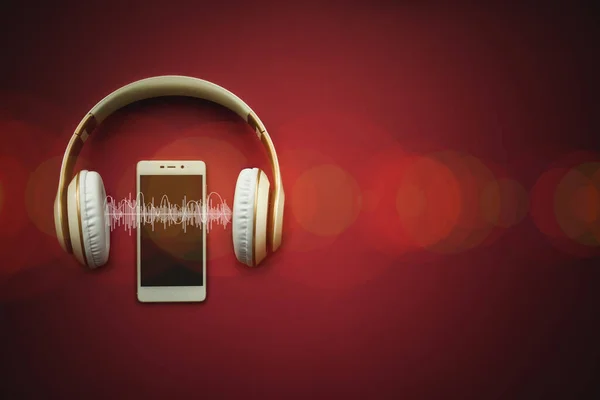 Teléfono Móvil Con Pantalla Vacía Auriculares Fondo Rojo Con Pista —  Fotos de Stock