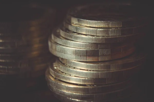 Coins Stacked Each Other Different Positions Dark Background Money Concept — Stock Photo, Image