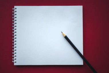 Kırmızı arka planda okul defteri ve kalem, okul konseptine geri dönüş, modern ilköğretim. düz yat