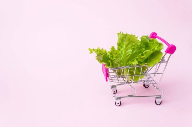Üzerinde salata yaprakları olan küçük bir alışveriş arabası. Alışveriş, alışveriş, süpermarket, satış, alışveriş merkezi konsepti. Market, yiyecek ve internet üzerinden alışveriş ve teslimat kavramı