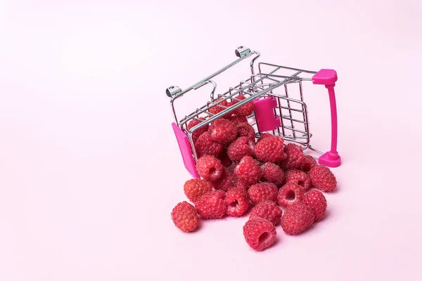 Kovový Malý Nákupní Košík Malinami Uvnitř Růžovém Pozadí Nakupování Nákupy — Stock fotografie