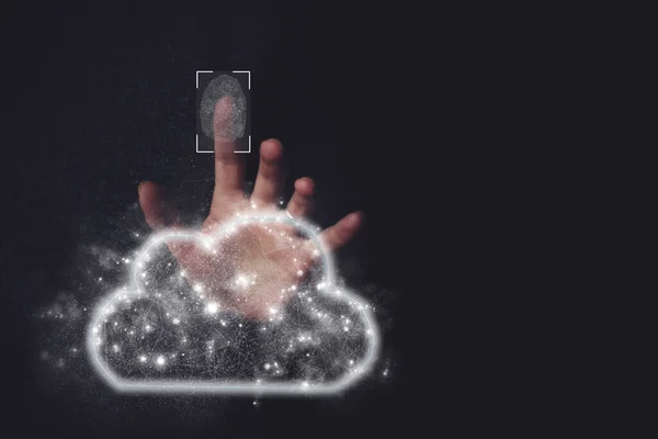 Cloud save computing concept - connect to cloud. Fingerprint protect cloud data. security