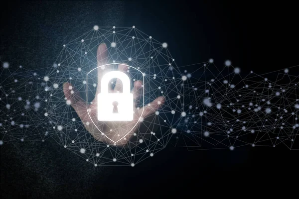 Kalkan koruma ikonuna dokunmak, verilerinizin siber güvenlik konsepti. Veri erişimi için koruma, siber güvenlik güvenli veri koruma işi kavramı