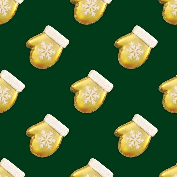 Nahtloses Muster Aus Goldhandschuhen Mit Weißer Schneeflocke Auf Grünem Hintergrund — Stockfoto