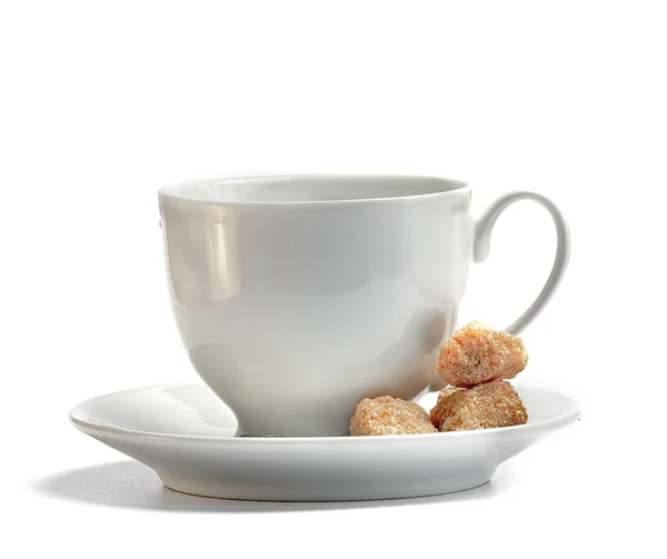 White Coffee Cup Saucer Brown Cane Unrefined Sugar White Background — Stock Photo, Image