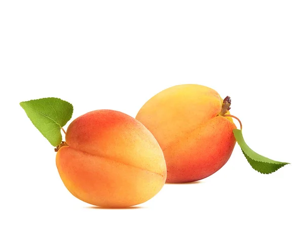 Mogna Och Saftiga Aprikoser Med Gröna Blad Vit Bakgrund — Stockfoto