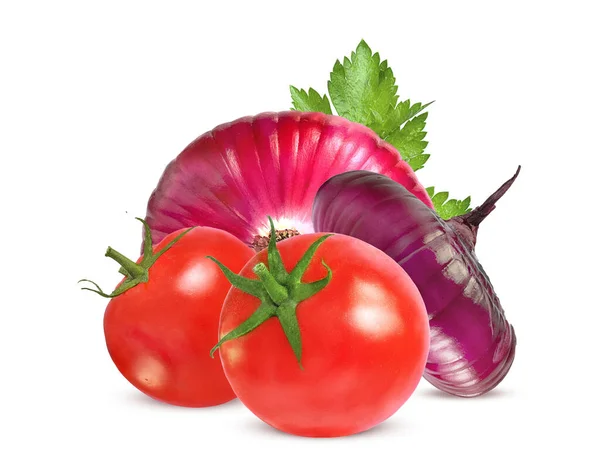 Verdure Fresche Pomodori Cipolle Uno Sfondo Bianco — Foto Stock