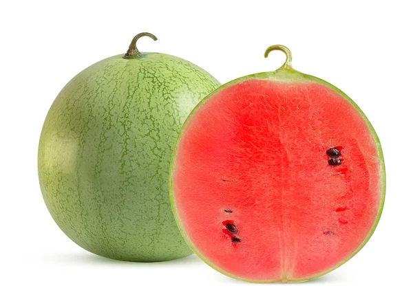 Mogen Vattenmelon Med Ljust Skal Vit Bakgrund — Stockfoto