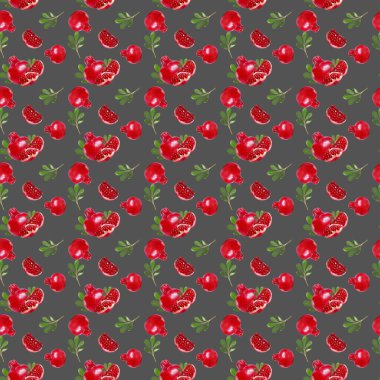 Gri arka planda yeşil yapraklı olgun nar deseni