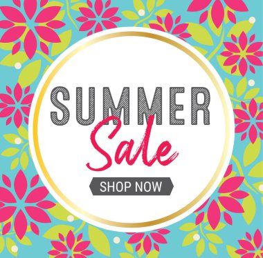 Yaz satış grafiği ile kalın, pembe ve mavi renkli çiçek arka plan