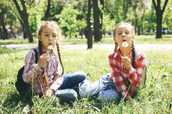 Two little girlfriends are sitting on the grass with dandelions against the background of nature.