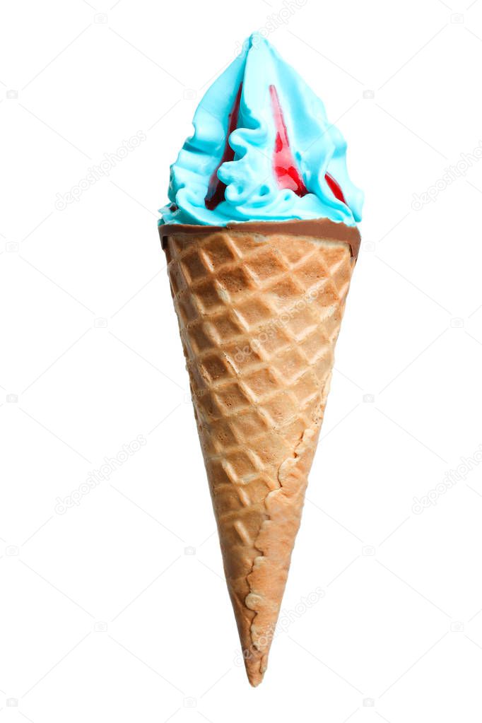 Blue ice cream in waffle horn isolated on white background.