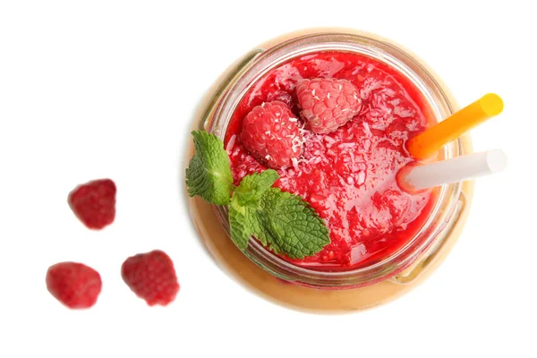 Smoothies Raspberries Glass Jar Isolated White Background — Stock Photo, Image