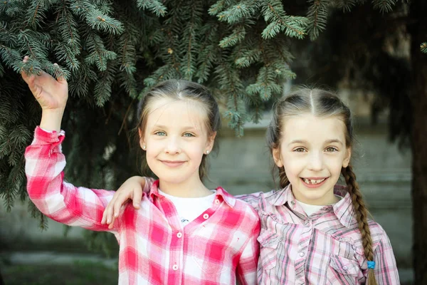 Две Веселые Маленькие Подружки Улыбаются Фоне Природы — стоковое фото