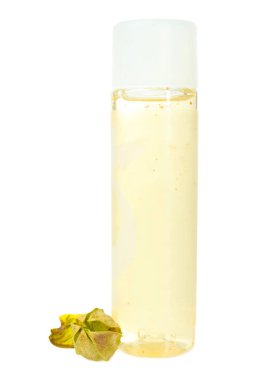 Duş jeli ve beyaz arka plan üzerinde izole kuru Iris.