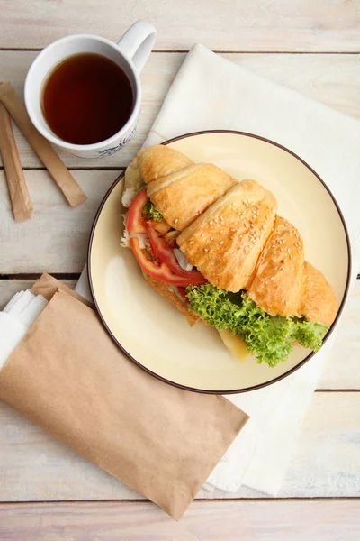 Croissant Vegetables Cup Tea Wooden Background — Stock Photo, Image