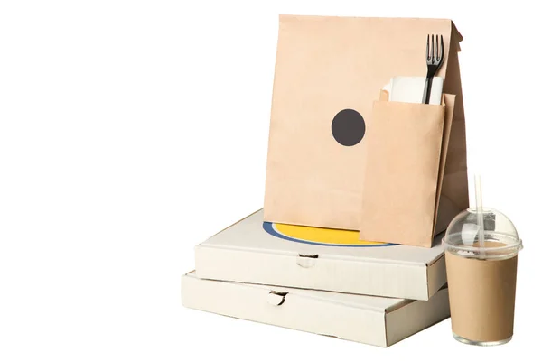 包装餐和饭盒在白色的隔离 概念食物交付 — 图库照片