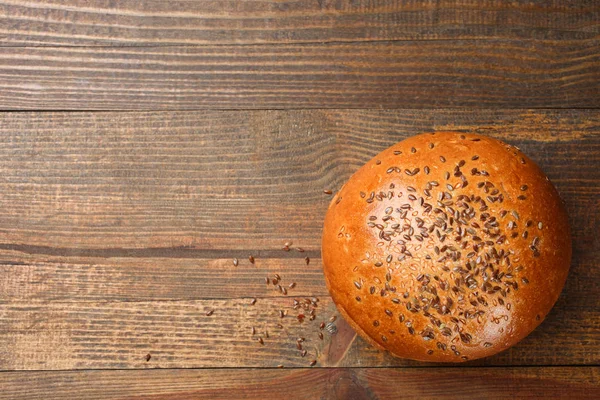 Fresh Bun Seeds Wooden Background Concept Bread Top View — Stock Photo, Image