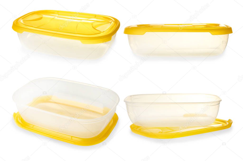 Plastic transparent container isolated on white. Collage.