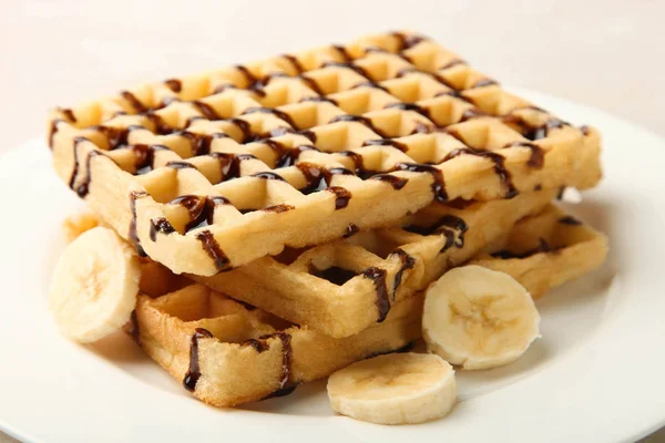 Belgian Waffle Chocolate Banana Neutral Background Concept Dessert — Stock Photo, Image