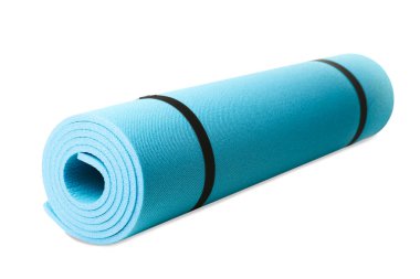 Beyaz izole bir mavi jimnastik halı. Konsept spor.