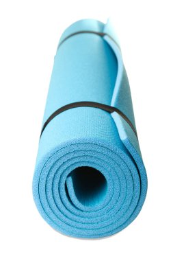 Beyaz izole bir mavi jimnastik halı. Konsept spor.